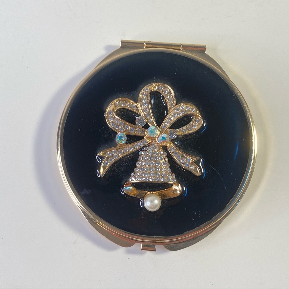 Vintage Rhinestone Bell & Bow Compact Mirror